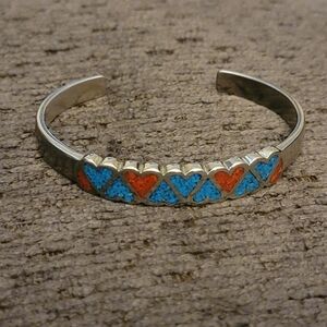 Native American Silver Heart Bangle Bracelet with Red and Blue Accents